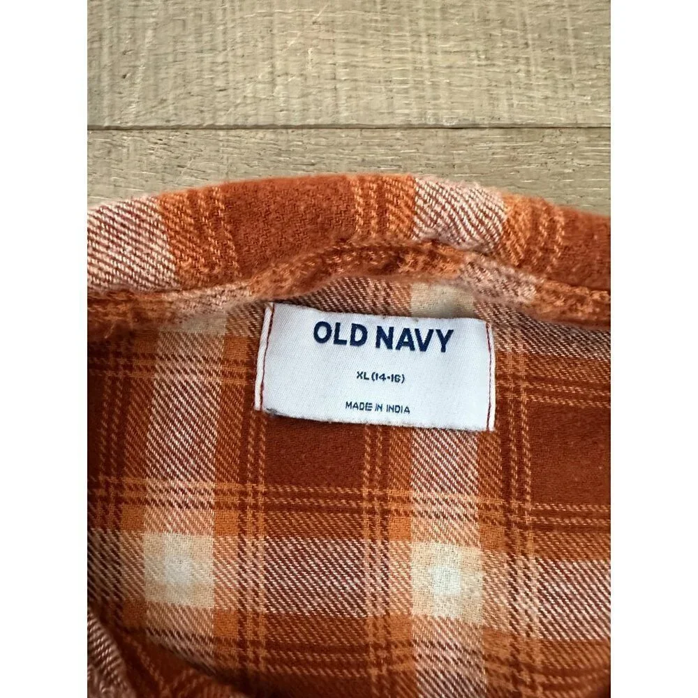 Old Navy XL 14-16 Orange & White Plaid Button-Up Flannel Shirt